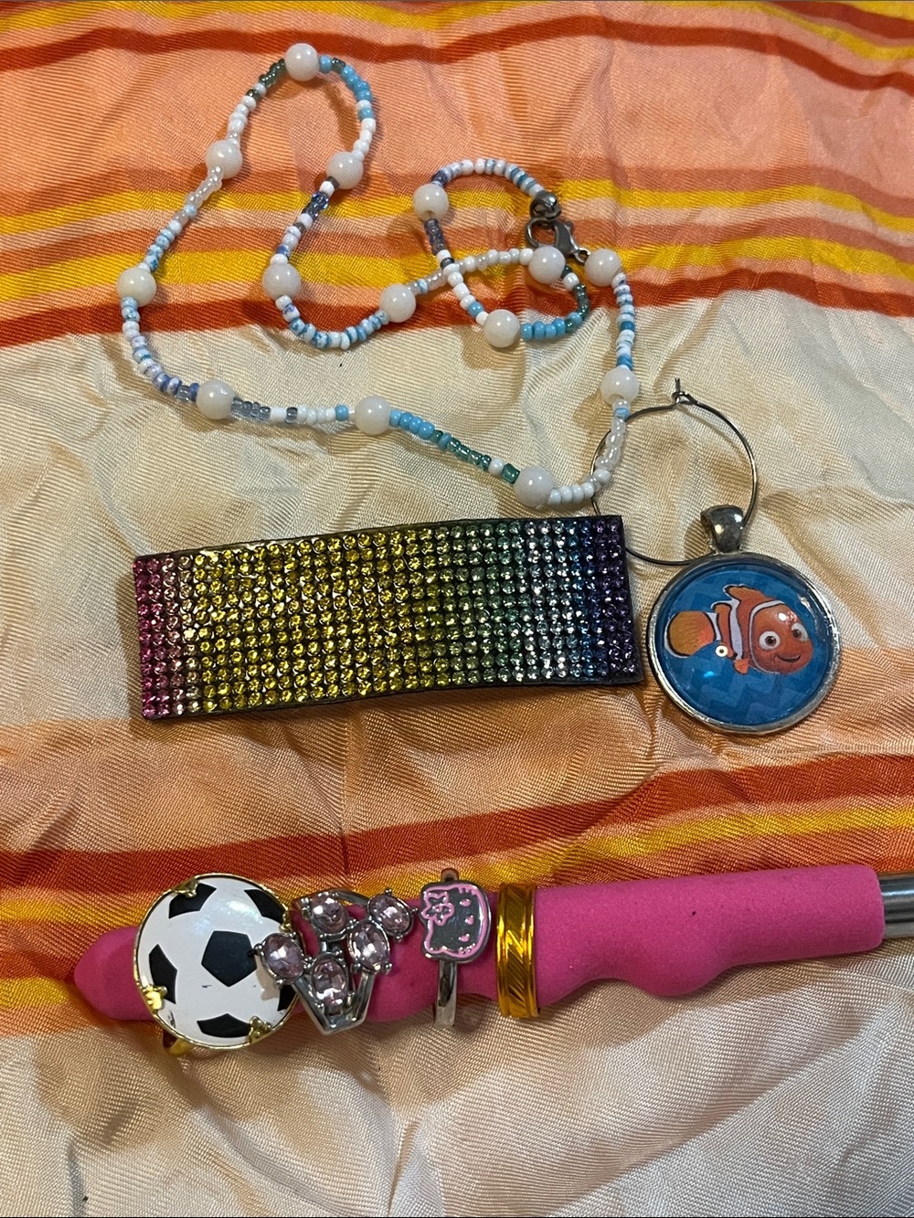 Sanrio Kids Rainbow Rhinestone Hair Clip and Pink Beaded Charm Necklace Set